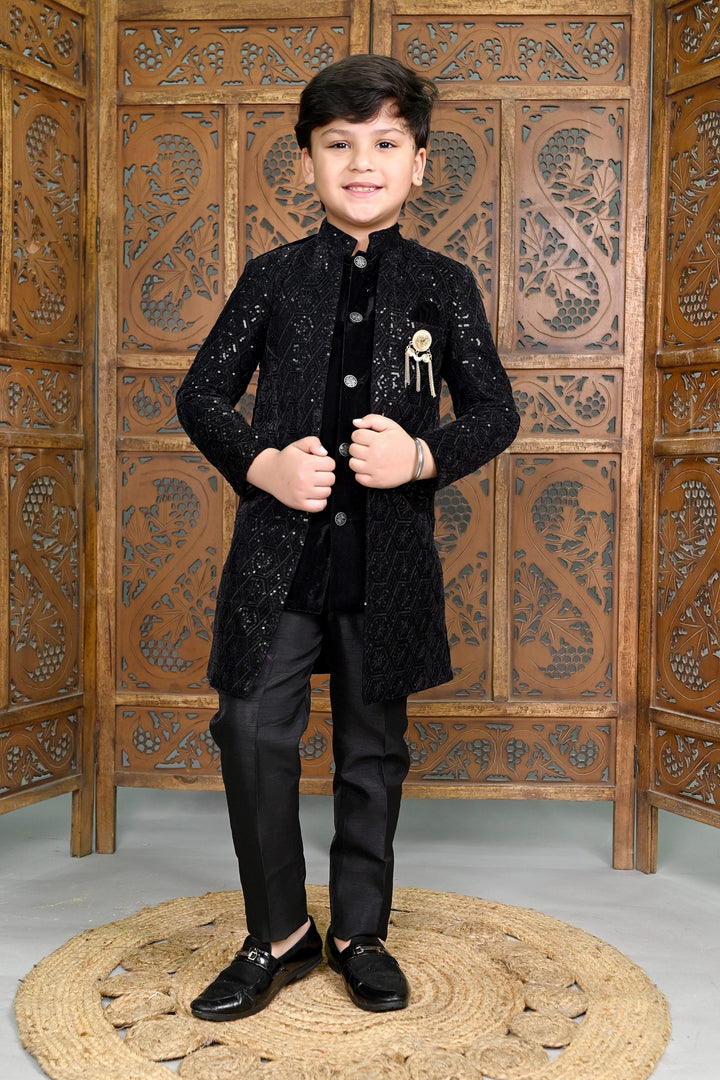 AHHAAAA Boys Velvet Embroidered 2-Piece Sherwani Set with Solid Pajama Pants – Elegant Traditional Outfit for Kids|573|