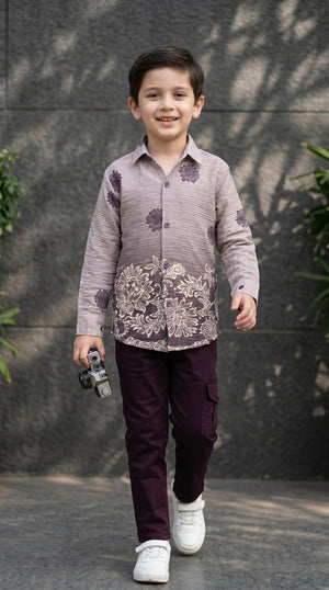 Ahhaaaa Boys Designer Textured Ombre Floral Shirt & Cargo Pant Set - Blue, Grey, Purple (2-8 Years)