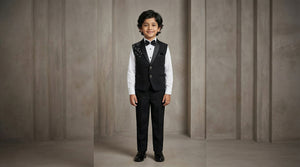 Ahhaaaa Boys Premium Black Japani Silk Tuxedo Set with Sequin Detail (2-8 Years)