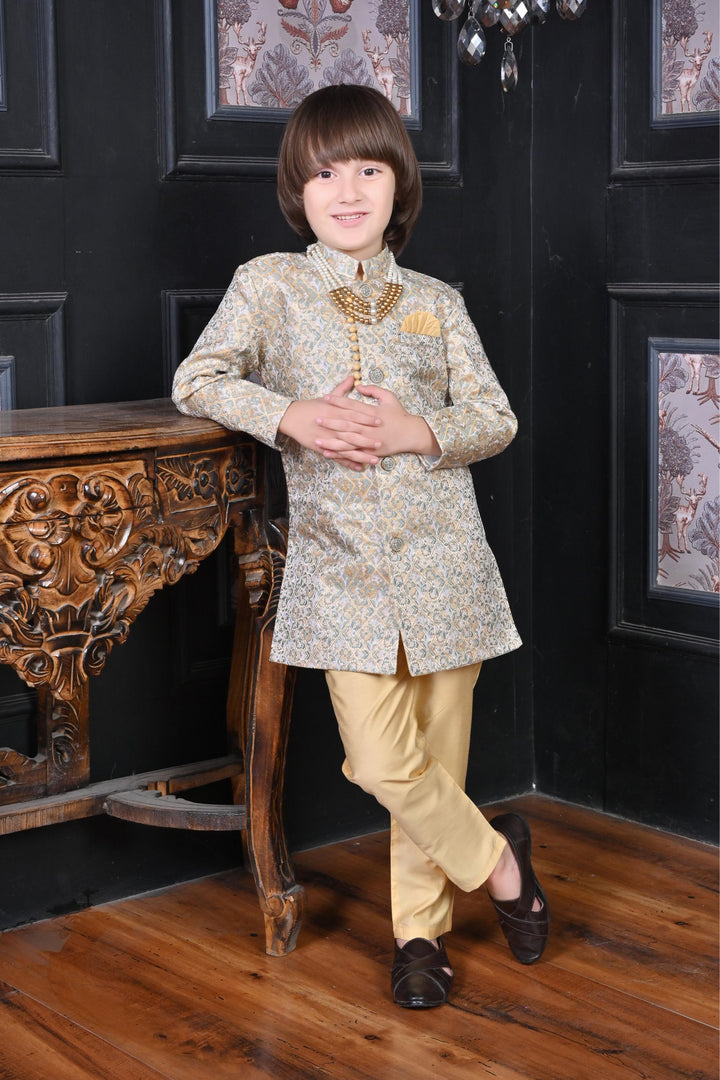 Ahhaaaa Kids Ethnic Jacquard Floral Printed Indo-Western Sherwani Set for Boys