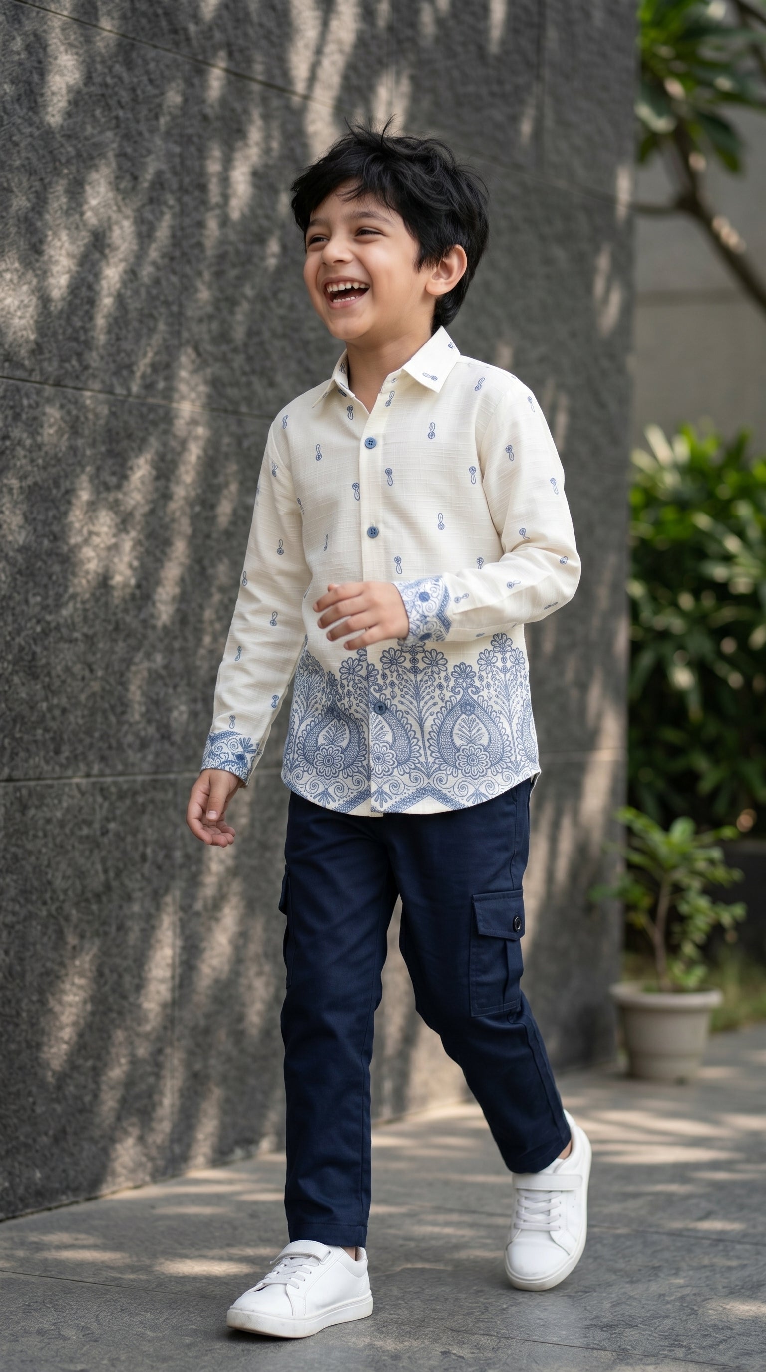 Ahhaaaa Boys Designer Paisley Print Shirt & Cargo Pant Set - Blue, Brown, Pink (2-8 Years)