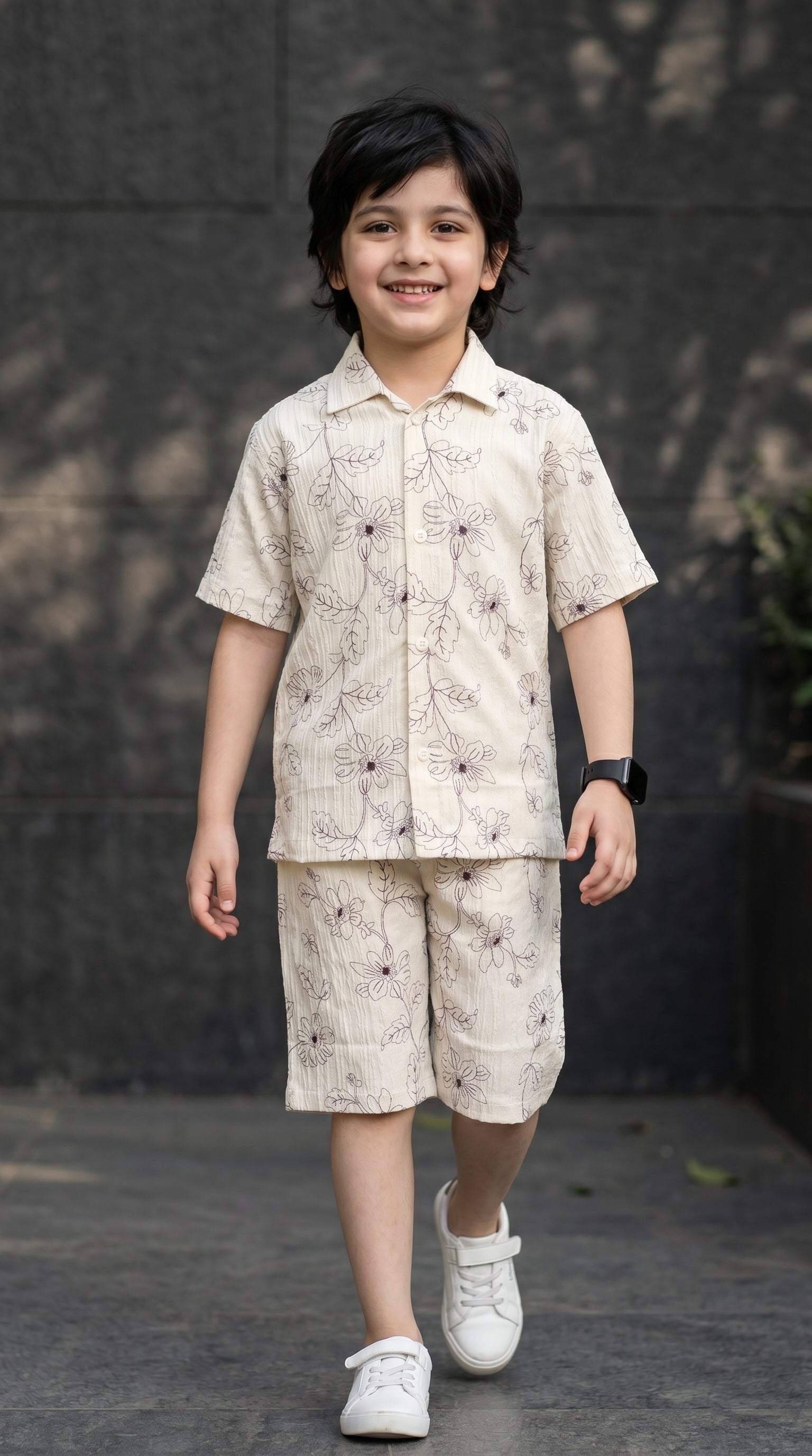 Ahhaaaa Boys 2-Piece Botanical Line-Art Co-ord Set - Shirt & Shorts (Green, Grey, Purple)