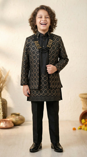 Ahhaaaa Boys 3-Piece Indo-Western Set with Embroidered Jacket & Kurta - Black, Pink, White (2-11 Years)