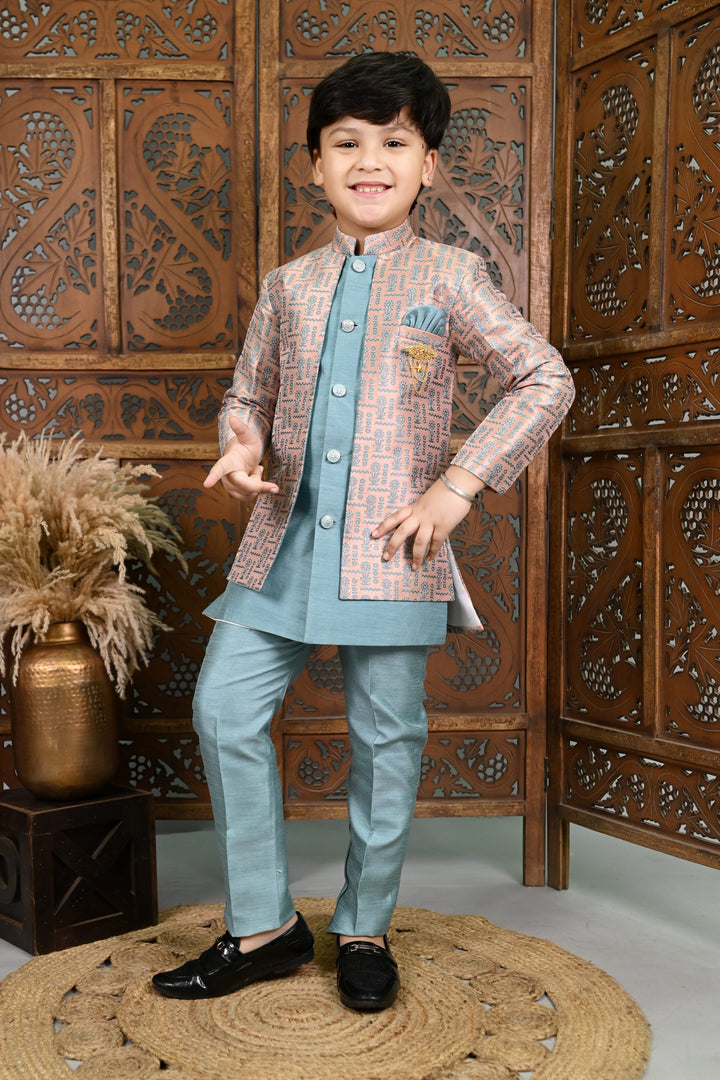 AHHAAAA Kids' Embroidered Jacquard Silk Sherwani – Boys' Wedding Sherwani Set with Festive Ethnic Prints |575| Turquoise Blue