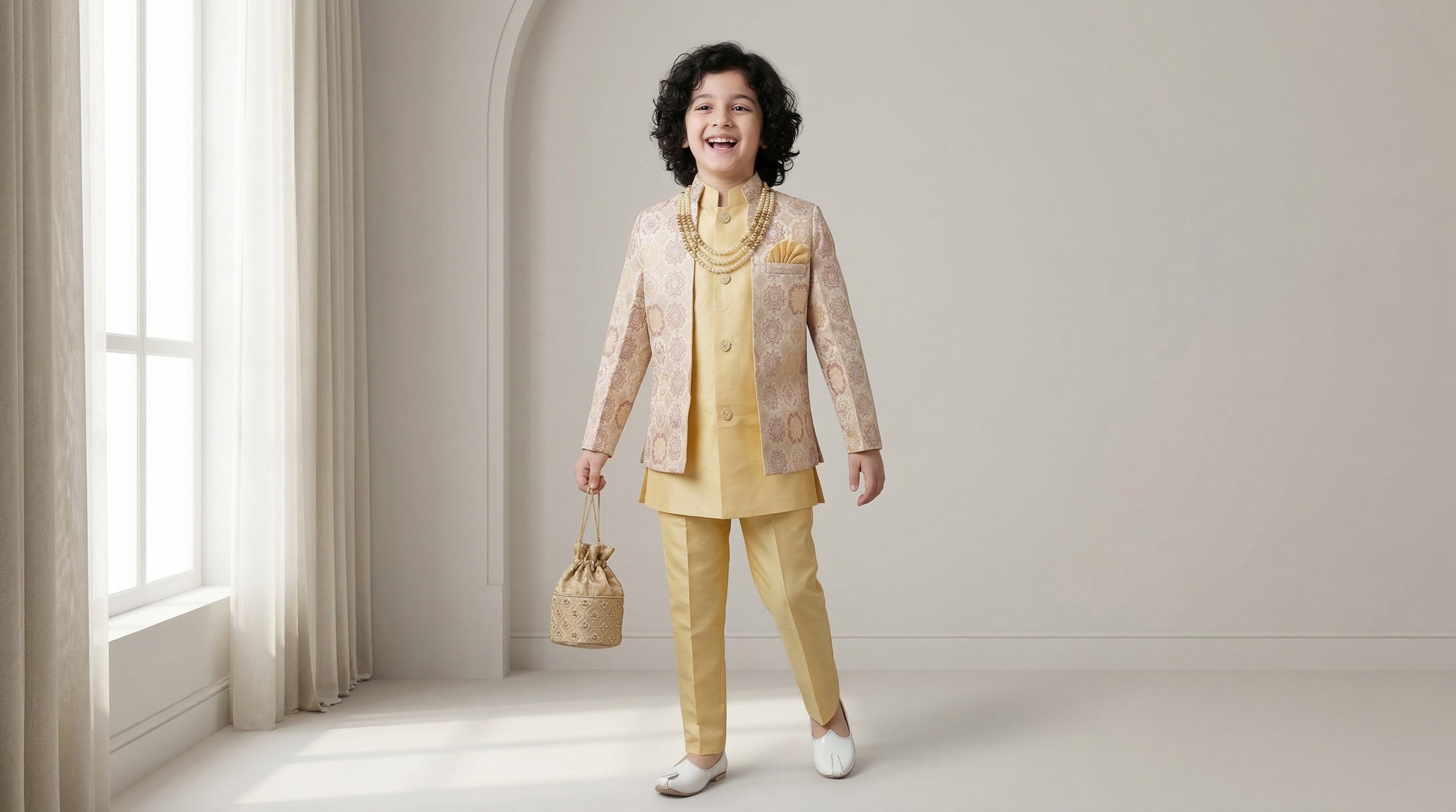 Ahhaaaa Boys' Royal Ethnic Printed Blazer with Sleeveless Kurta, Trouser & Maala Set (2-10 Years)