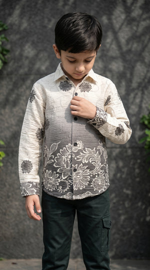 Ahhaaaa Boys Designer Textured Ombre Floral Shirt & Cargo Pant Set - Blue, Grey, Purple (2-8 Years)