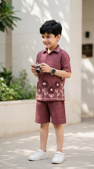 Ahhaaaa Boys Textured Co-ord Set with 3D Floral Embroidery - Shirt & Shorts (Brown, Green, Pink)