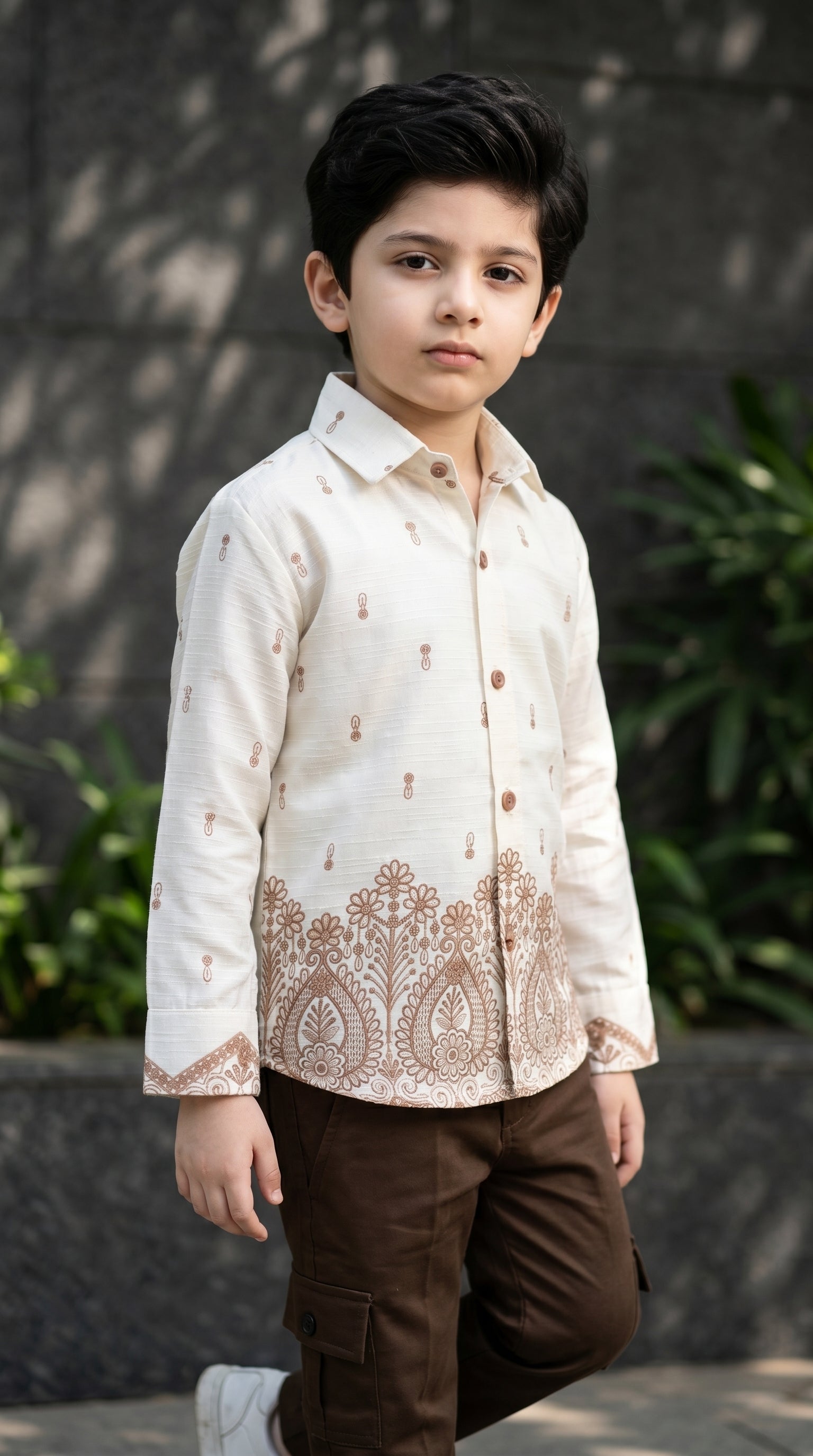 Ahhaaaa Boys Designer Paisley Print Shirt & Cargo Pant Set - Blue, Brown, Pink (2-8 Years)
