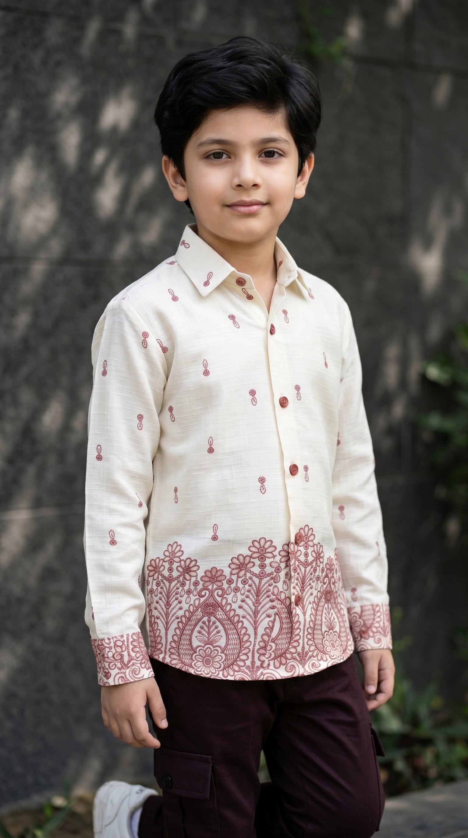 Ahhaaaa Boys Designer Paisley Print Shirt & Cargo Pant Set - Blue, Brown, Pink (2-8 Years)