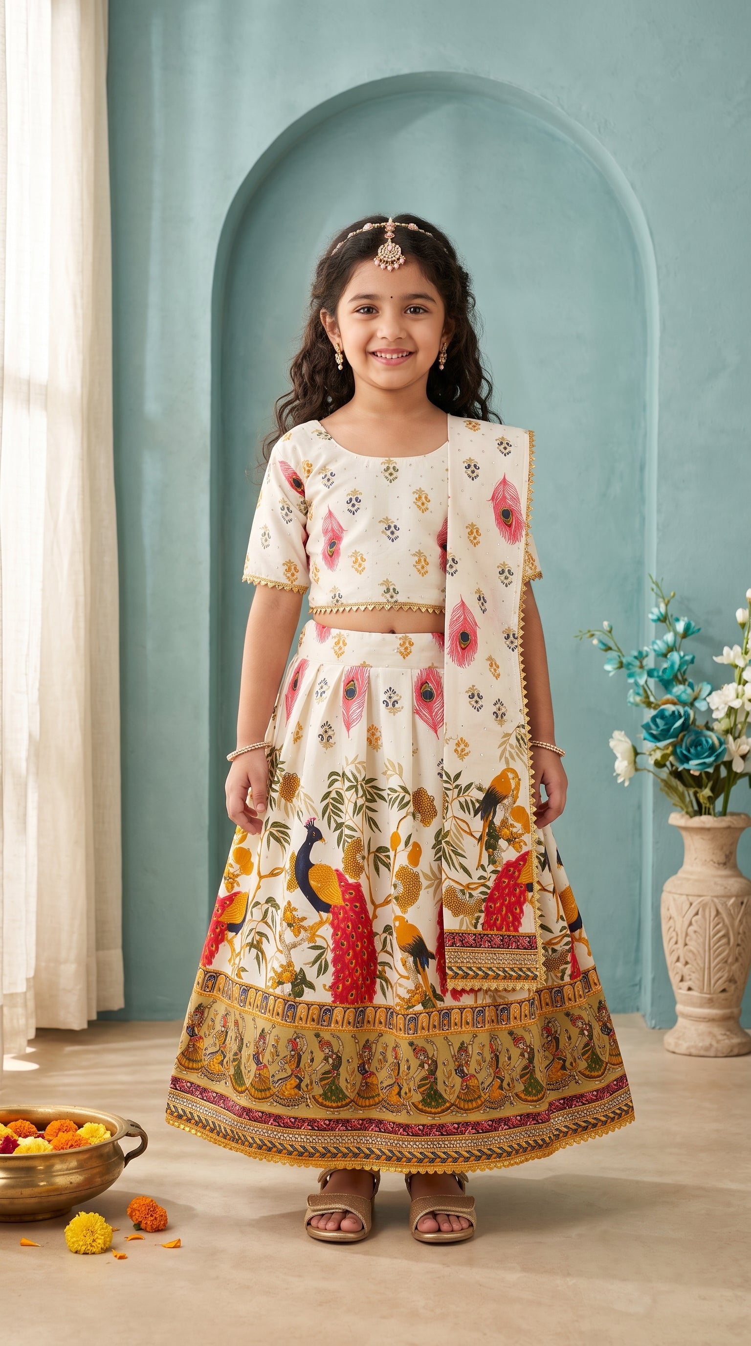 Ahhaaaa Girls' Peacock Kalamkari Print Chaniya Choli | Festive Lehenga Blouse & Draped Dupatta 3-Piece Set