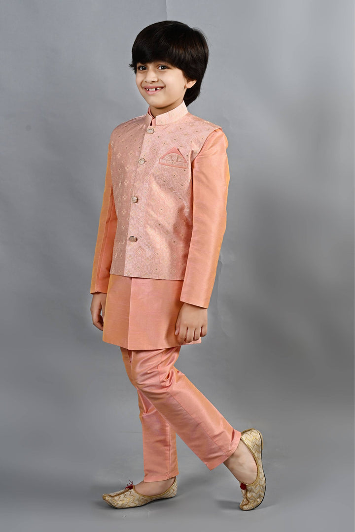 Ahhaaaa Kids Ethnic Silk Blend Waistcoat Kurta Pyjama 3 Piece Sherwani Set For Boys