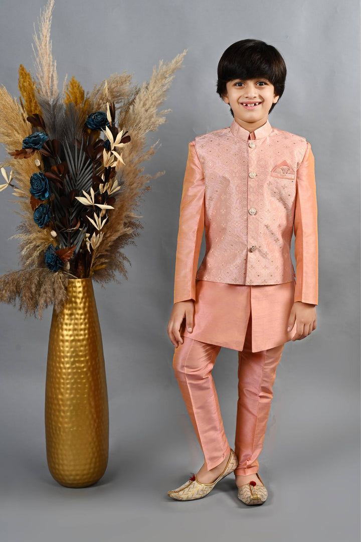 Ahhaaaa Kids Ethnic Silk Blend Waistcoat Kurta Pyjama 3 Piece Sherwani Set For Boys Pink