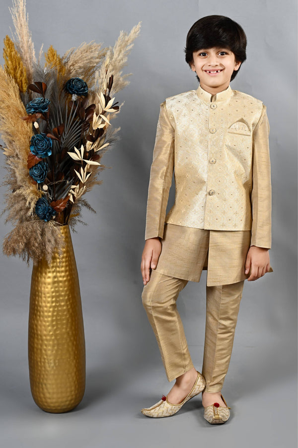 Ahhaaaa Kids Ethnic Silk Blend Waistcoat Kurta Pyjama 3 Piece Sherwani Set For Boys Gold