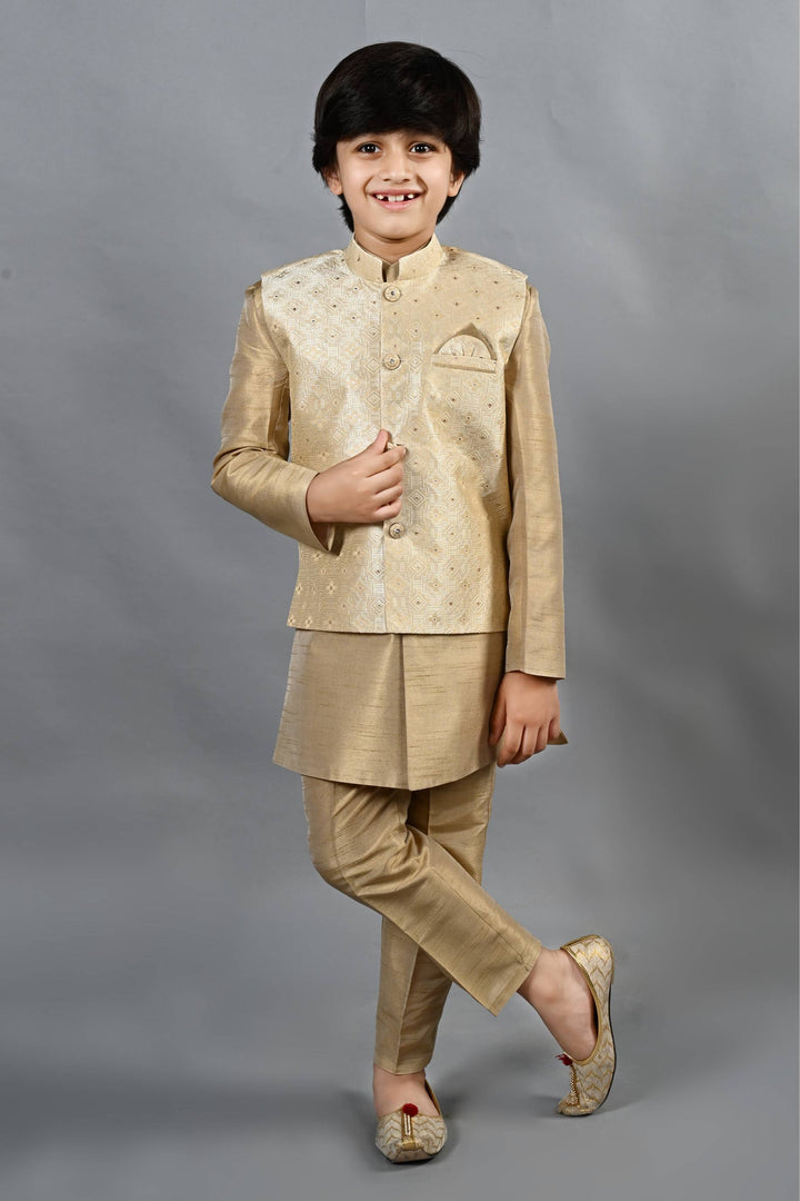 Ahhaaaa Kids Ethnic Silk Blend Waistcoat Kurta Pyjama 3 Piece Sherwani Set For Boys