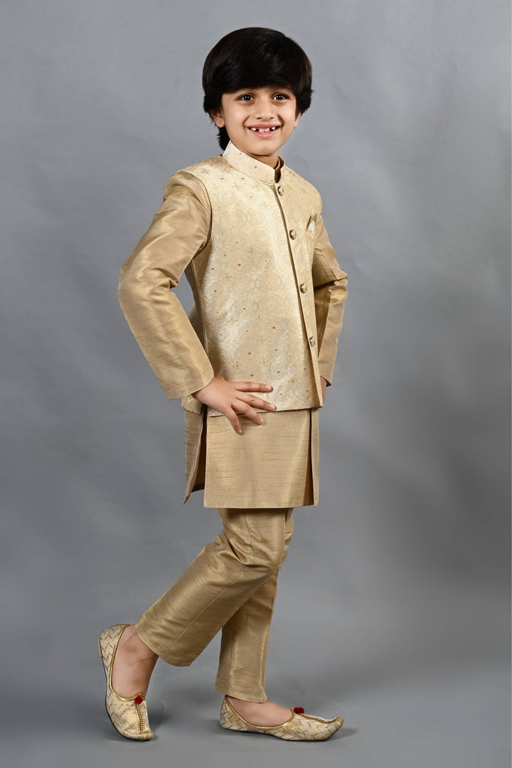 Ahhaaaa Kids Ethnic Silk Blend Waistcoat Kurta Pyjama 3 Piece Sherwani Set For Boys