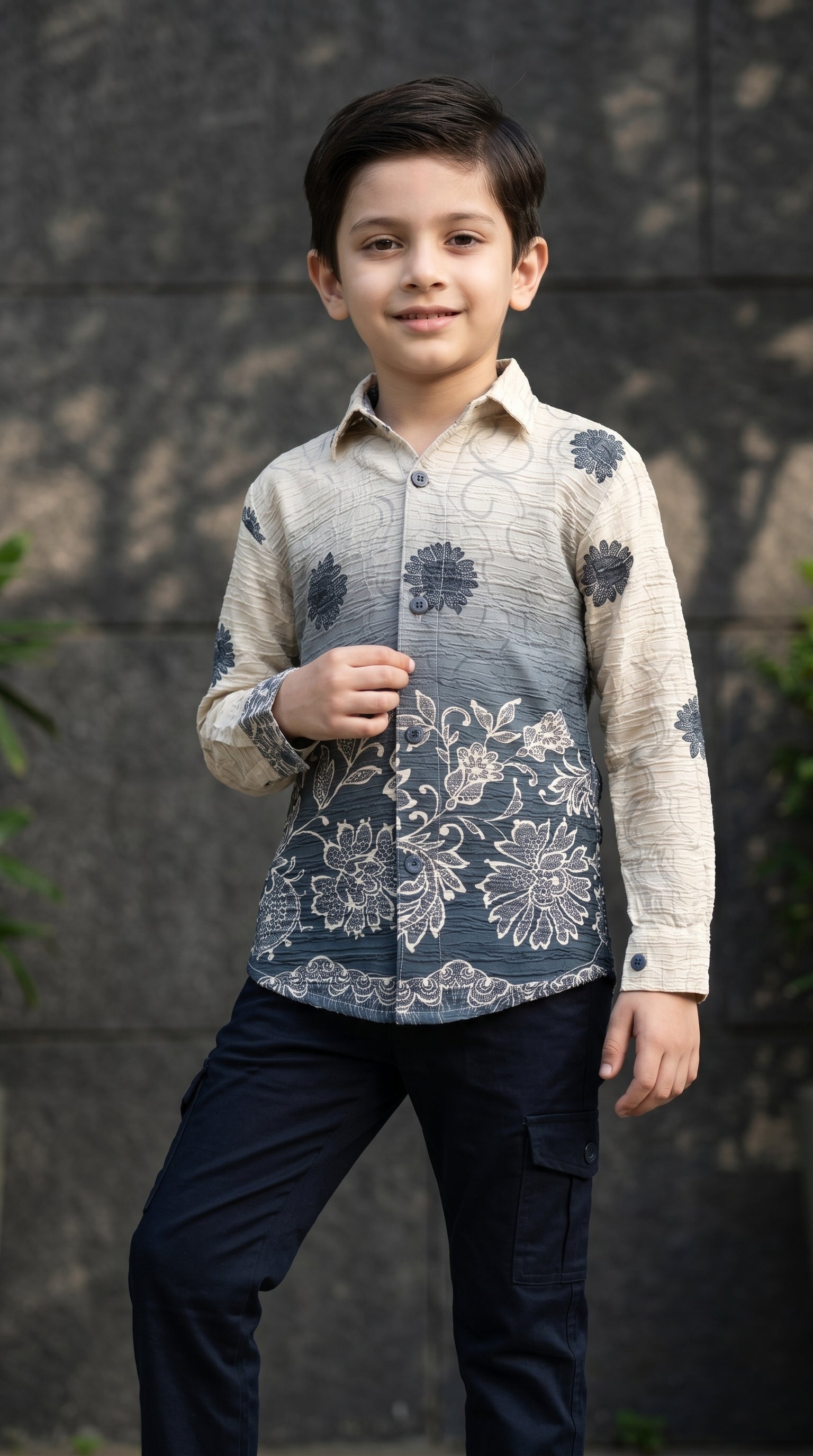 Ahhaaaa Boys Designer Textured Ombre Floral Shirt & Cargo Pant Set - Blue, Grey, Purple (2-8 Years)