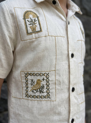 Ahhaaaa Boys Embroidered Summer Co-ord Set - Beige Shirt & Shorts (1-7 Years)