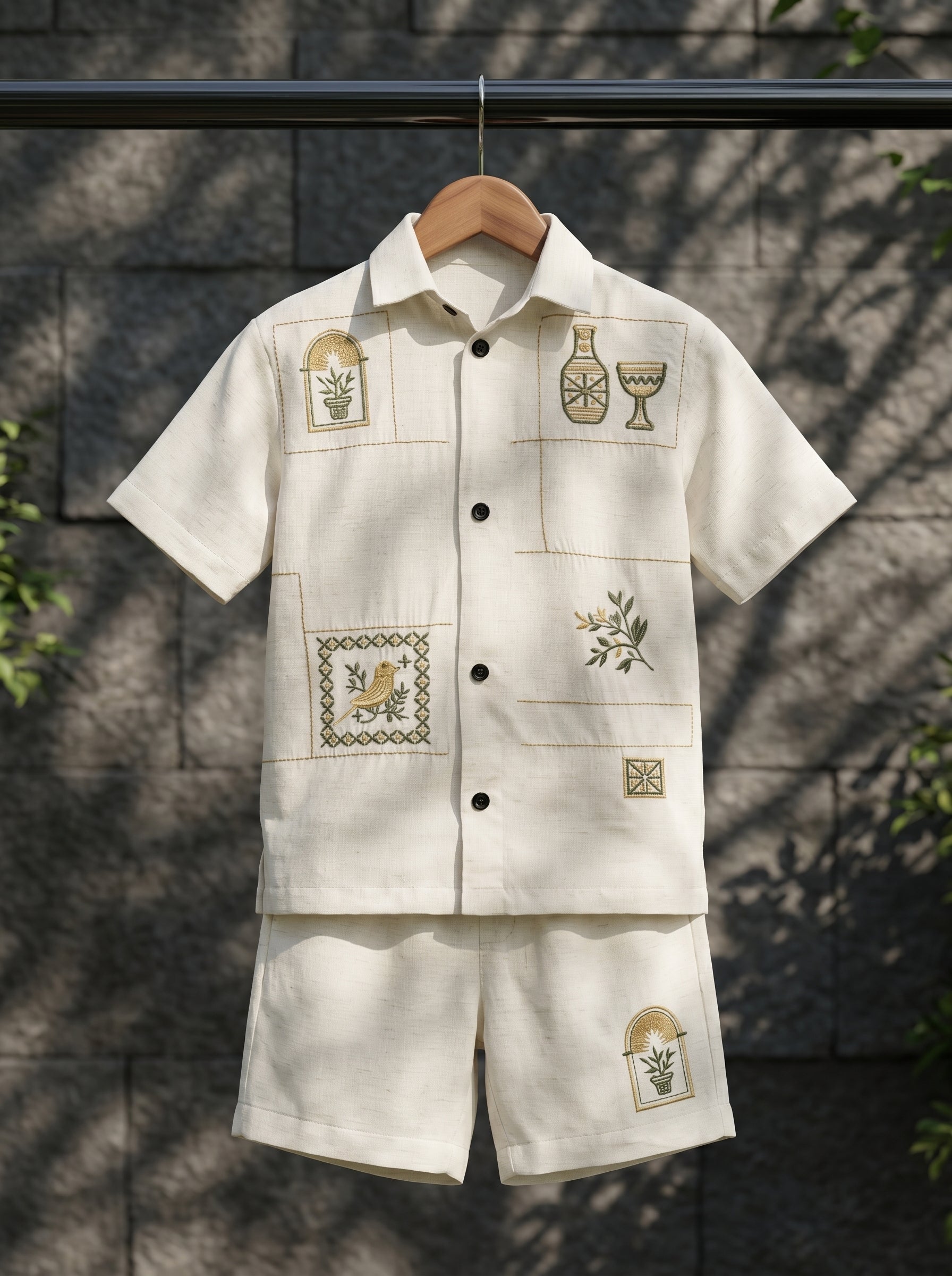Ahhaaaa Boys Embroidered Summer Co-ord Set - Beige Shirt & Shorts (1-7 Years)