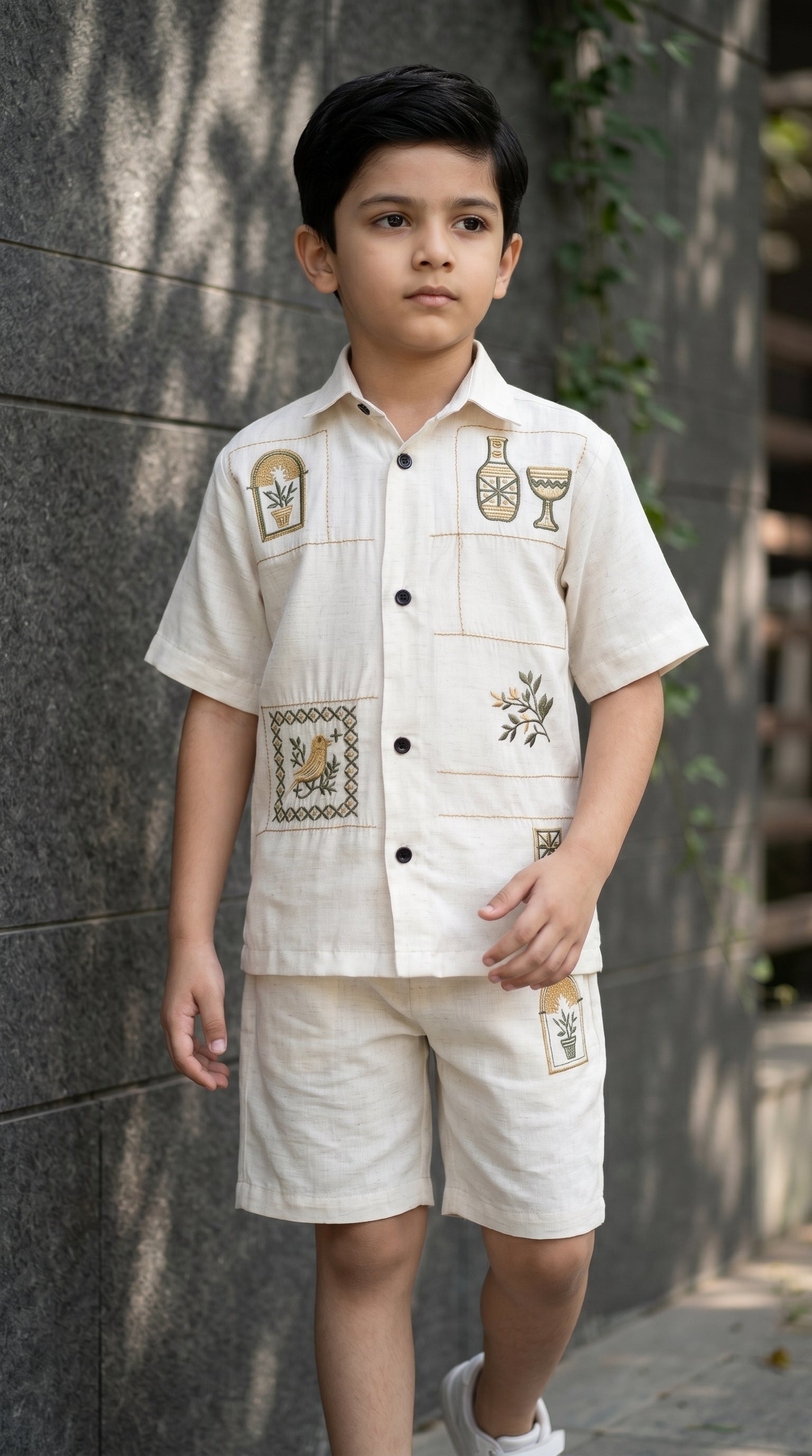Ahhaaaa Boys Embroidered Summer Co-ord Set - Beige Shirt & Shorts (1-7 Years)