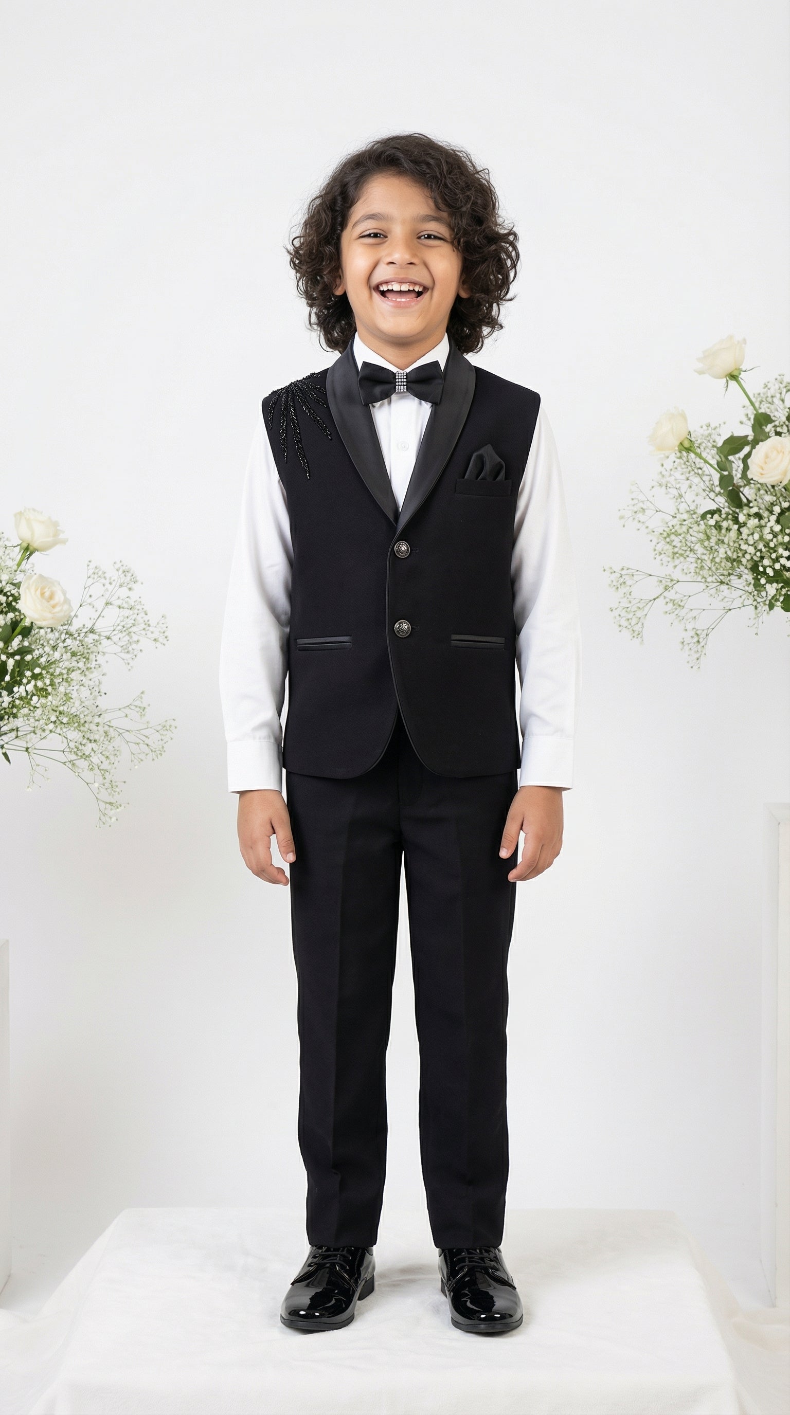 Ahhaaaa Boys Luxury Black Japani Silk Tuxedo Suit with Shoulder Embroidery (2-8 Years)