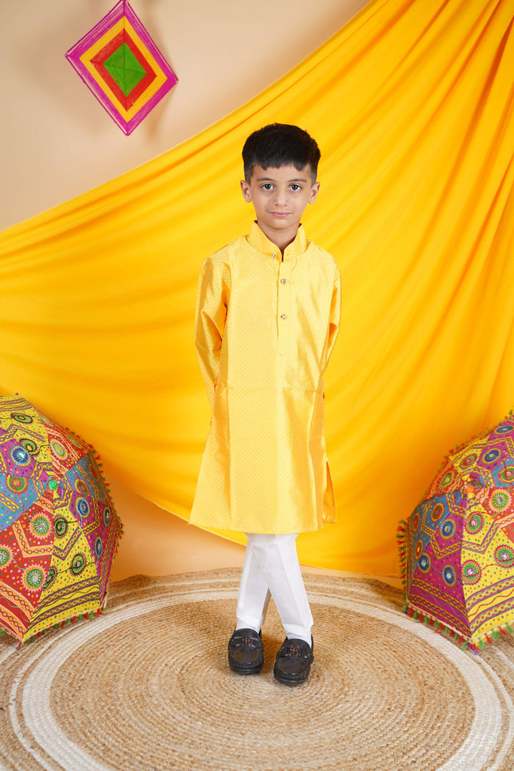 Ahhaaaa Kids Ethnic Cotton Silk Blend Boys Kurta Pyjama Set Yellow