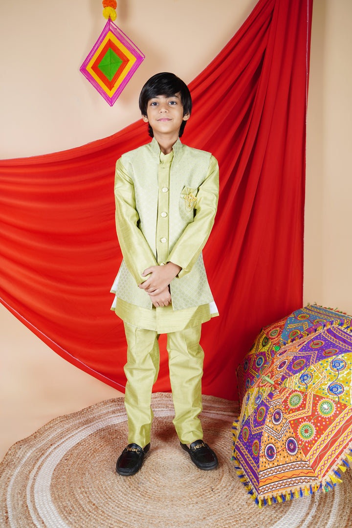 Ahhaaaa Kids Bollywood Style Print Indo-Western Sherwani Set For Boys Green