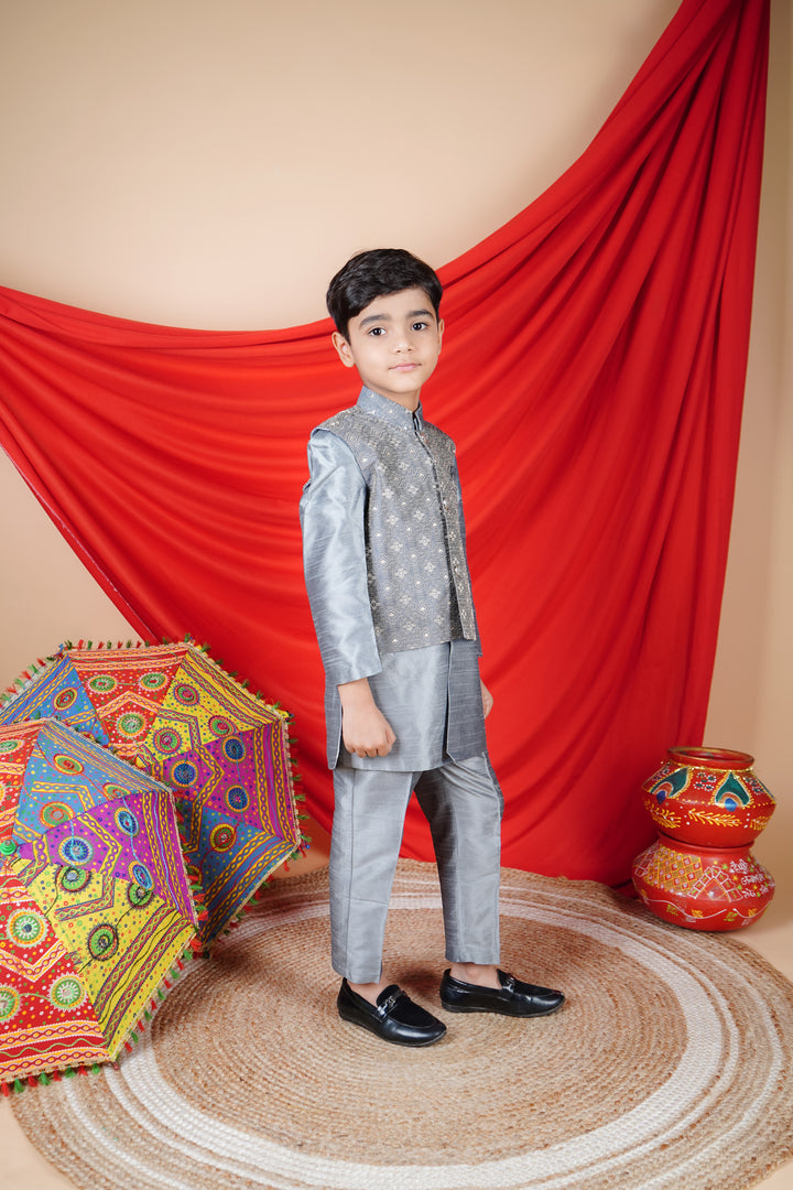 Ahhaaaa Kids Ethnic Silk Blend Waistcoat Kurta Pyjama 3 Piece Set For Boys