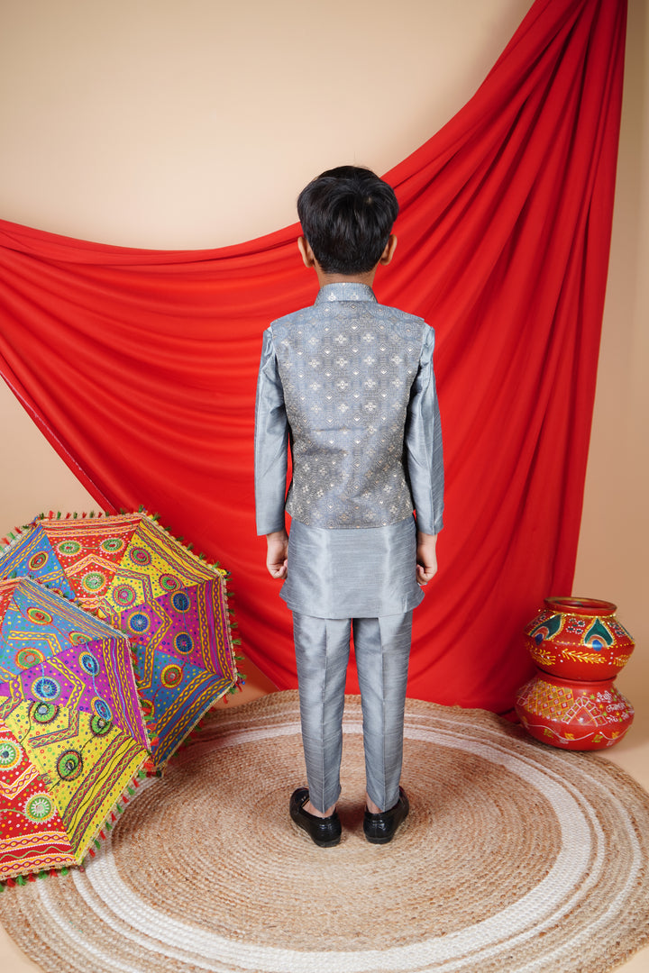 Ahhaaaa Kids Ethnic Silk Blend Waistcoat Kurta Pyjama 3 Piece Set For Boys