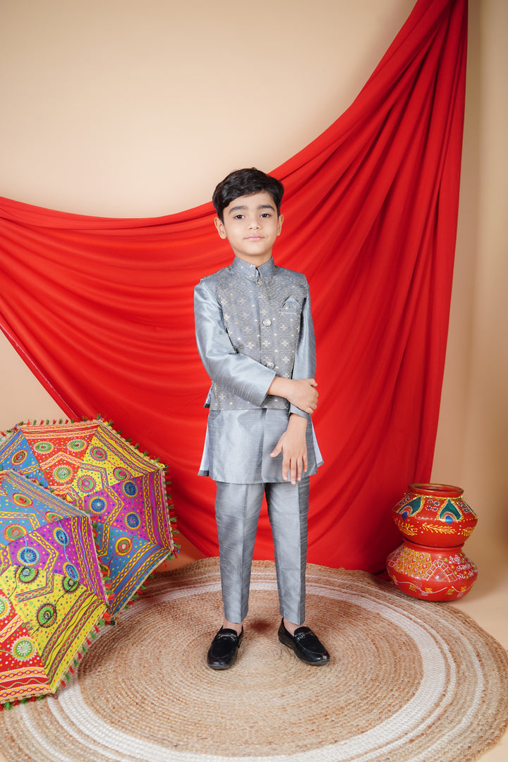 Ahhaaaa Kids Ethnic Silk Blend Waistcoat Kurta Pyjama 3 Piece Set For Boys Gray