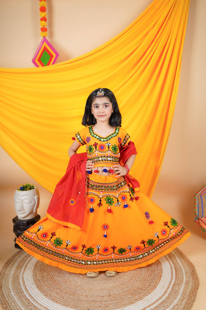 Ahhaaaa Kids Embroidered Traditional Ghoomar Lehenga Choli |Chania Choli|Radha Dress with Dupatta for Girls Yellow