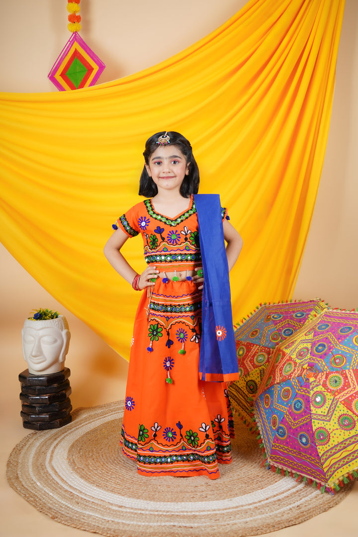 Ahhaaaa Kids Embroidered Traditional Ghoomar Lehenga Choli |Chania Choli|Radha Dress with Dupatta for Girls Orange