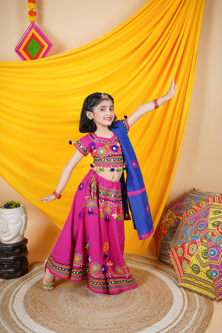 Ahhaaaa Kids Embroidered Traditional Ghoomar Lehenga Choli |Chania Choli|Radha Dress with Dupatta for Girls