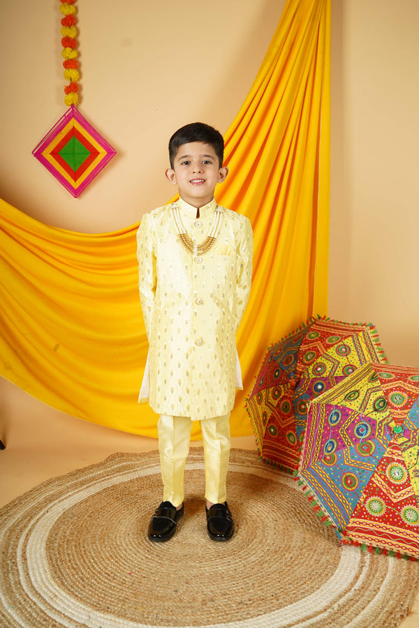 Ahhaaaa Kids Ethnic Silk Blend Indian Wear Sequin Print Indo-Western Sherwani Set For Boys Yellow