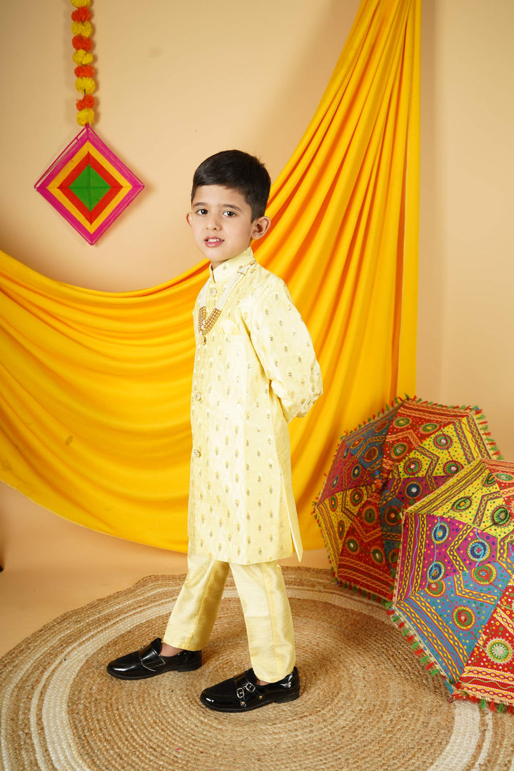 Ahhaaaa Kids Ethnic Silk Blend Indian Wear Sequin Print Indo-Western Sherwani Set For Boys