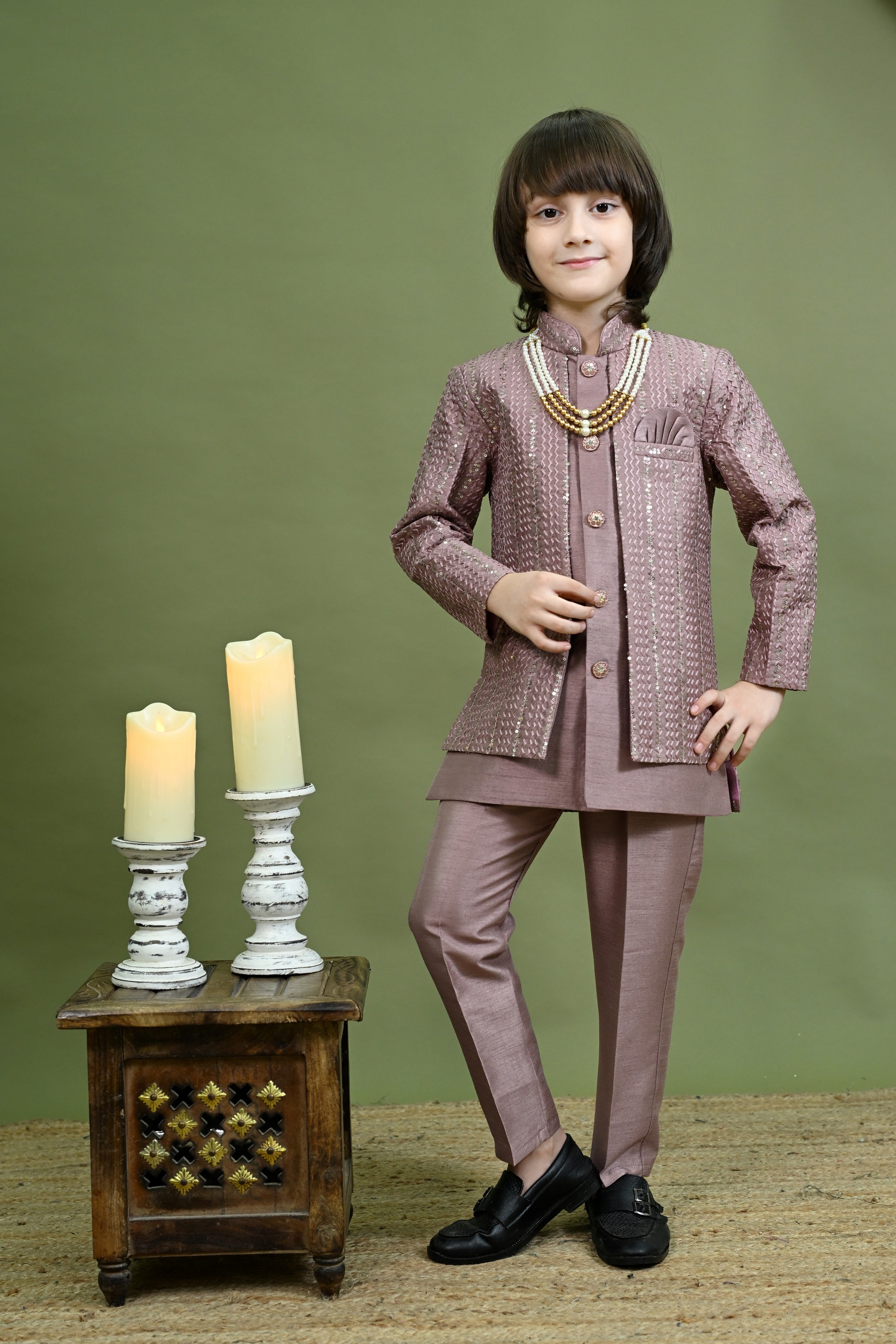Ahhaaaa Boys Kurta Set with Attached Sequin Jacket for Wedding and Festivals Pink