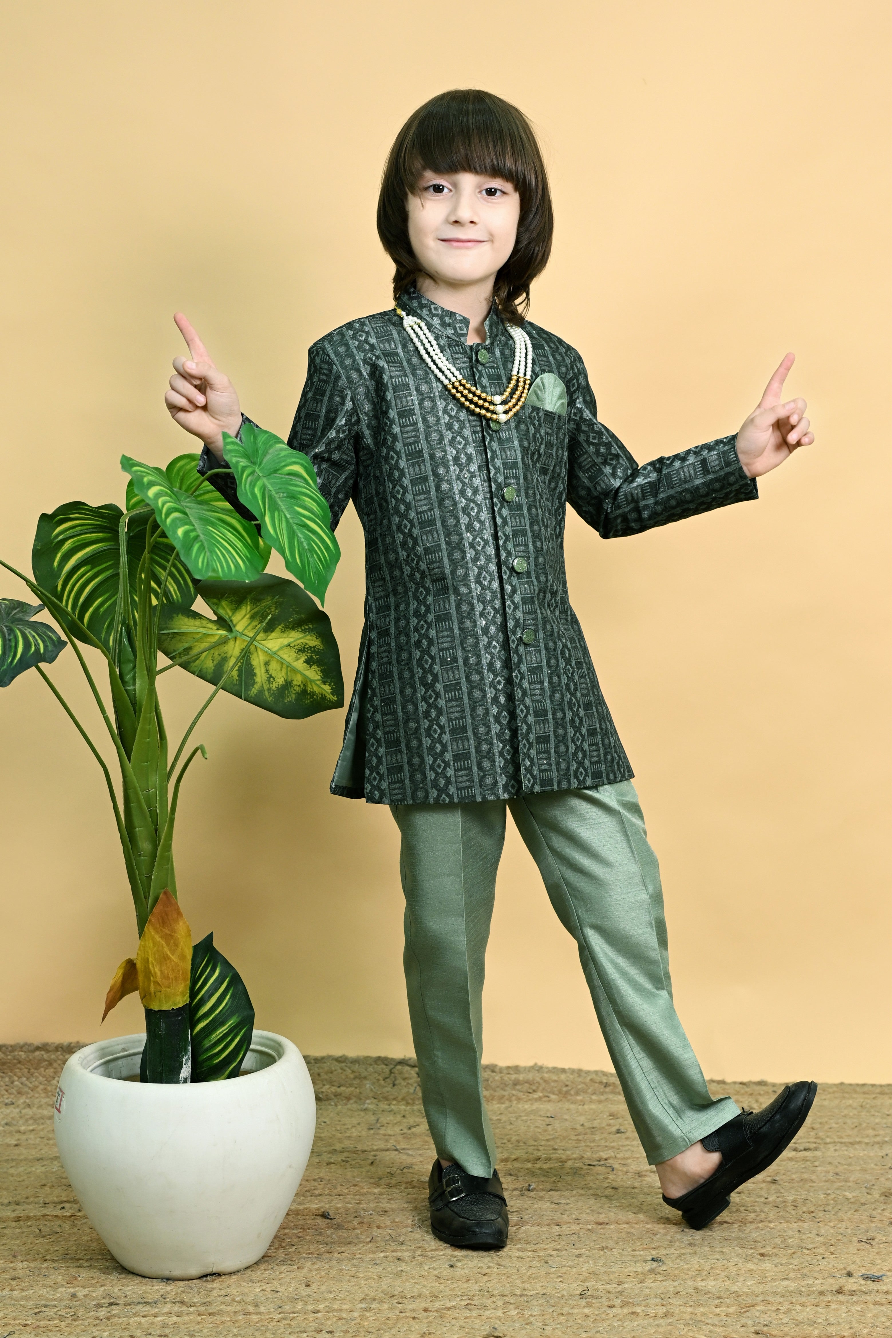 Ahhaaaa Boys Indo-Western Sherwani Set | Kids Jodhpuri Style Achkan for Wedding Dark Green