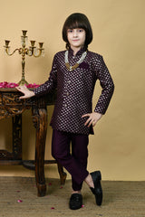 Ahhaaaa Boys' Woven Brocade Jodhpuri Bandhgala Suit Set with Pearl Mala | Kids Indo-Western Ethnic Festive Wine