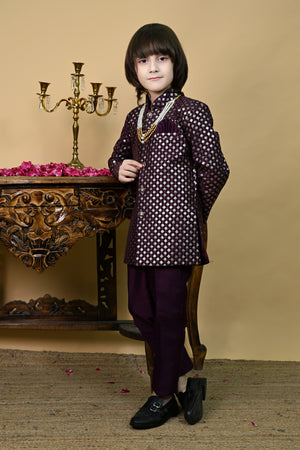 Ahhaaaa Boys' Woven Brocade Jodhpuri Bandhgala Suit Set with Pearl Mala | Kids Indo-Western Ethnic Festive