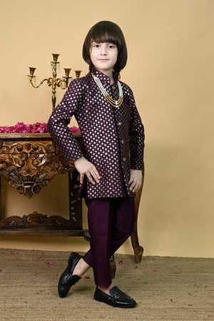 Ahhaaaa Boys' Woven Brocade Jodhpuri Bandhgala Suit Set with Pearl Mala | Kids Indo-Western Ethnic Festive