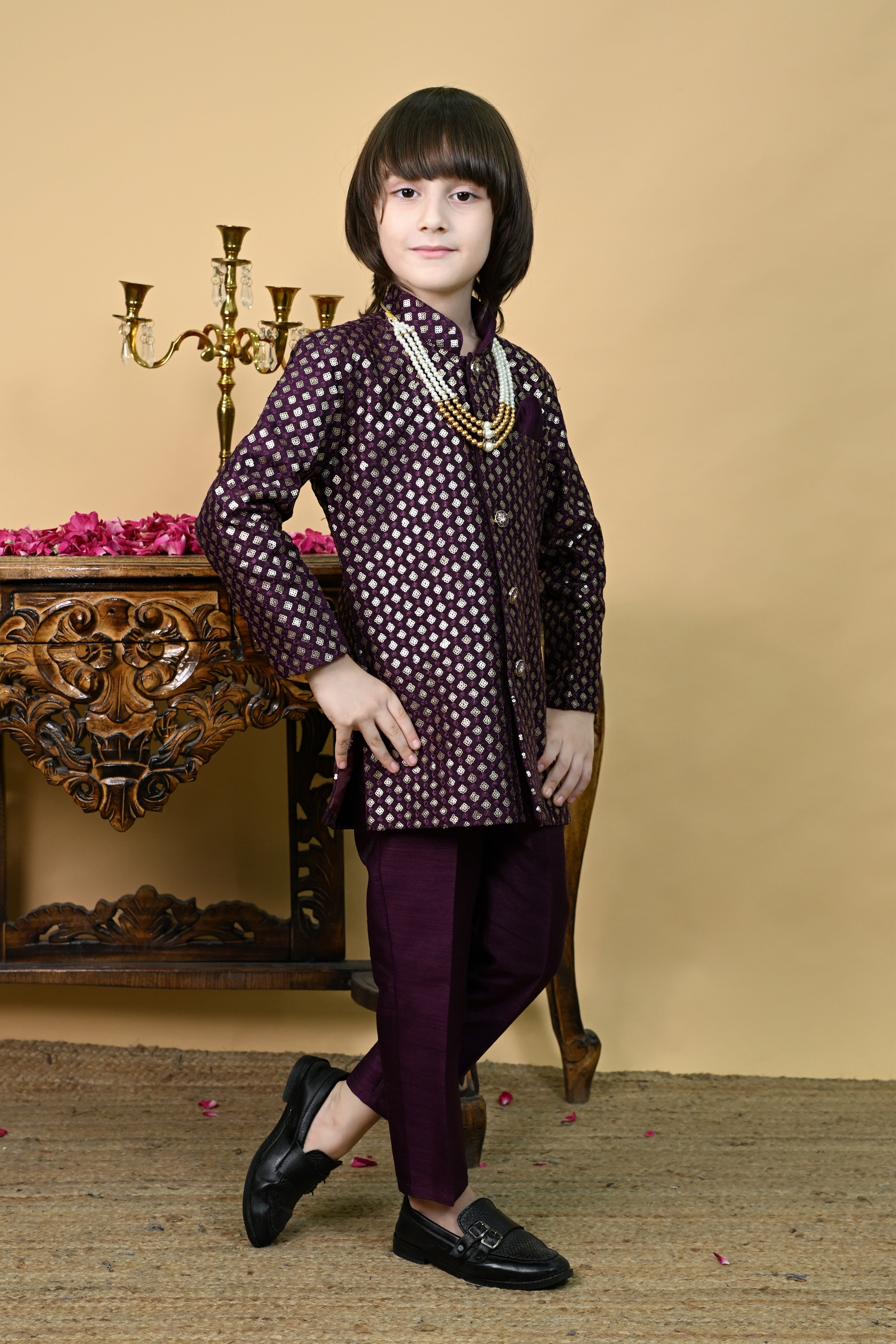 Ahhaaaa Boys' Woven Brocade Jodhpuri Bandhgala Suit Set with Pearl Mala | Kids Indo-Western Ethnic Festive