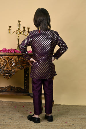 Ahhaaaa Boys' Woven Brocade Jodhpuri Bandhgala Suit Set with Pearl Mala | Kids Indo-Western Ethnic Festive