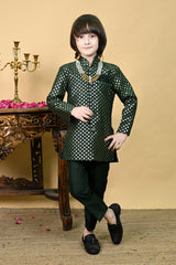 Ahhaaaa Boys' Woven Brocade Jodhpuri Bandhgala Suit Set with Pearl Mala | Kids Indo-Western Ethnic Festive Dark Green