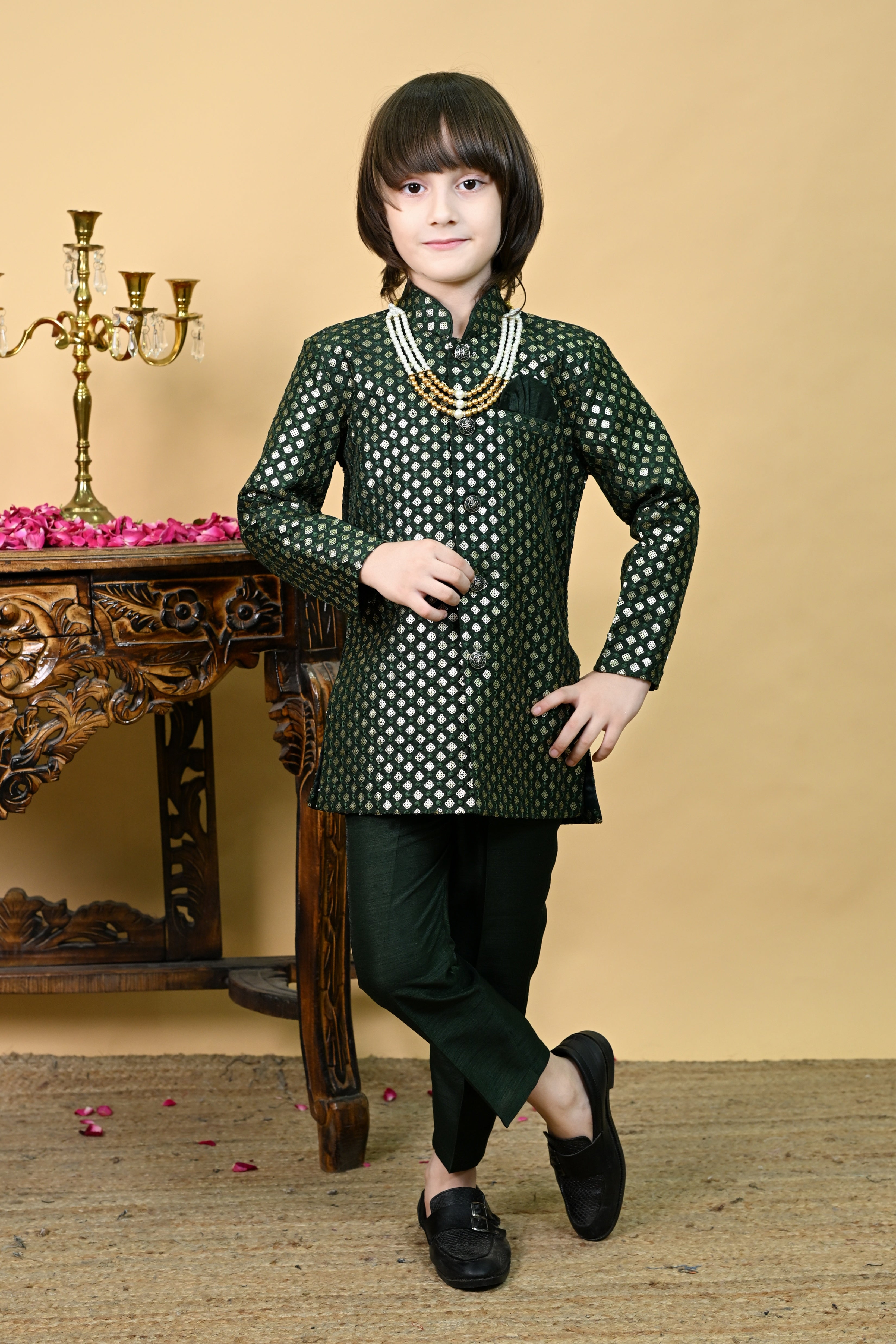 Ahhaaaa Boys' Woven Brocade Jodhpuri Bandhgala Suit Set with Pearl Mala | Kids Indo-Western Ethnic Festive Dark Green
