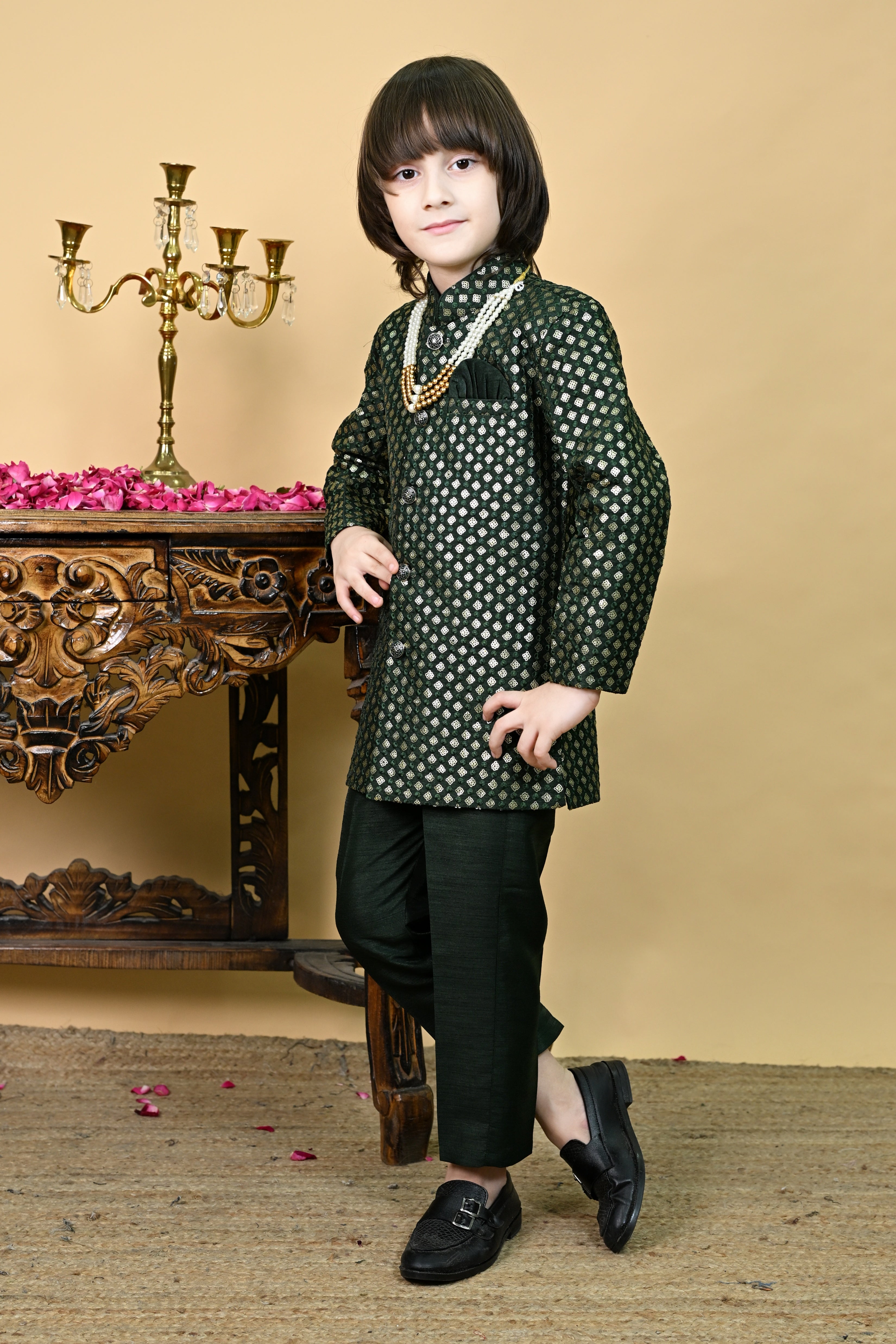 Ahhaaaa Boys' Woven Brocade Jodhpuri Bandhgala Suit Set with Pearl Mala | Kids Indo-Western Ethnic Festive