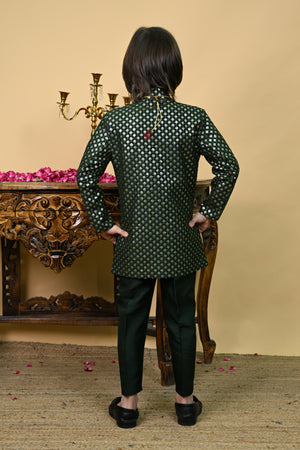 Ahhaaaa Boys' Woven Brocade Jodhpuri Bandhgala Suit Set with Pearl Mala | Kids Indo-Western Ethnic Festive