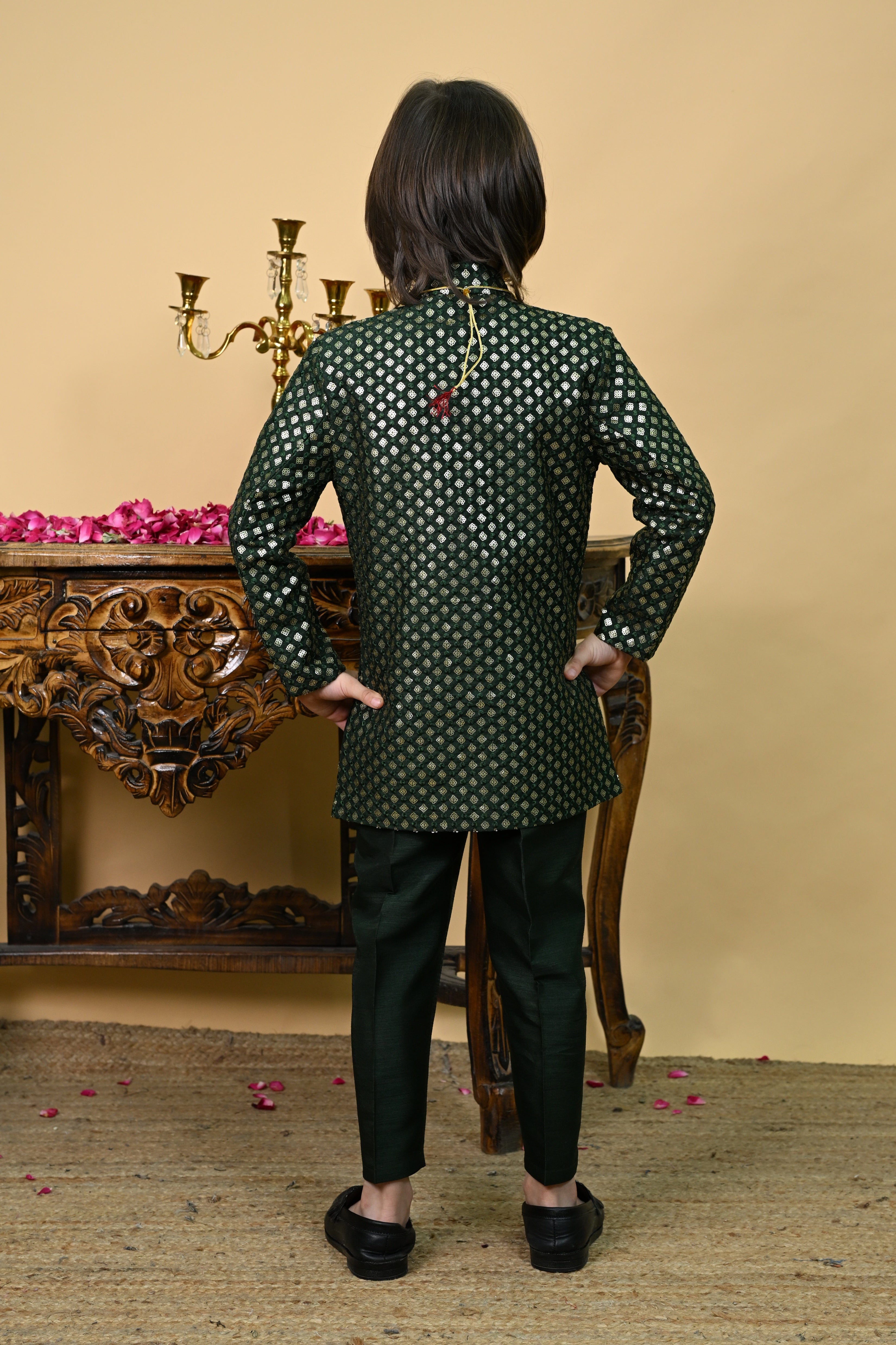 Ahhaaaa Boys' Woven Brocade Jodhpuri Bandhgala Suit Set with Pearl Mala | Kids Indo-Western Ethnic Festive