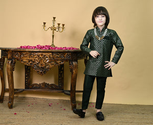 Ahhaaaa Boys' Woven Brocade Jodhpuri Bandhgala Suit Set with Pearl Mala | Kids Indo-Western Ethnic Festive