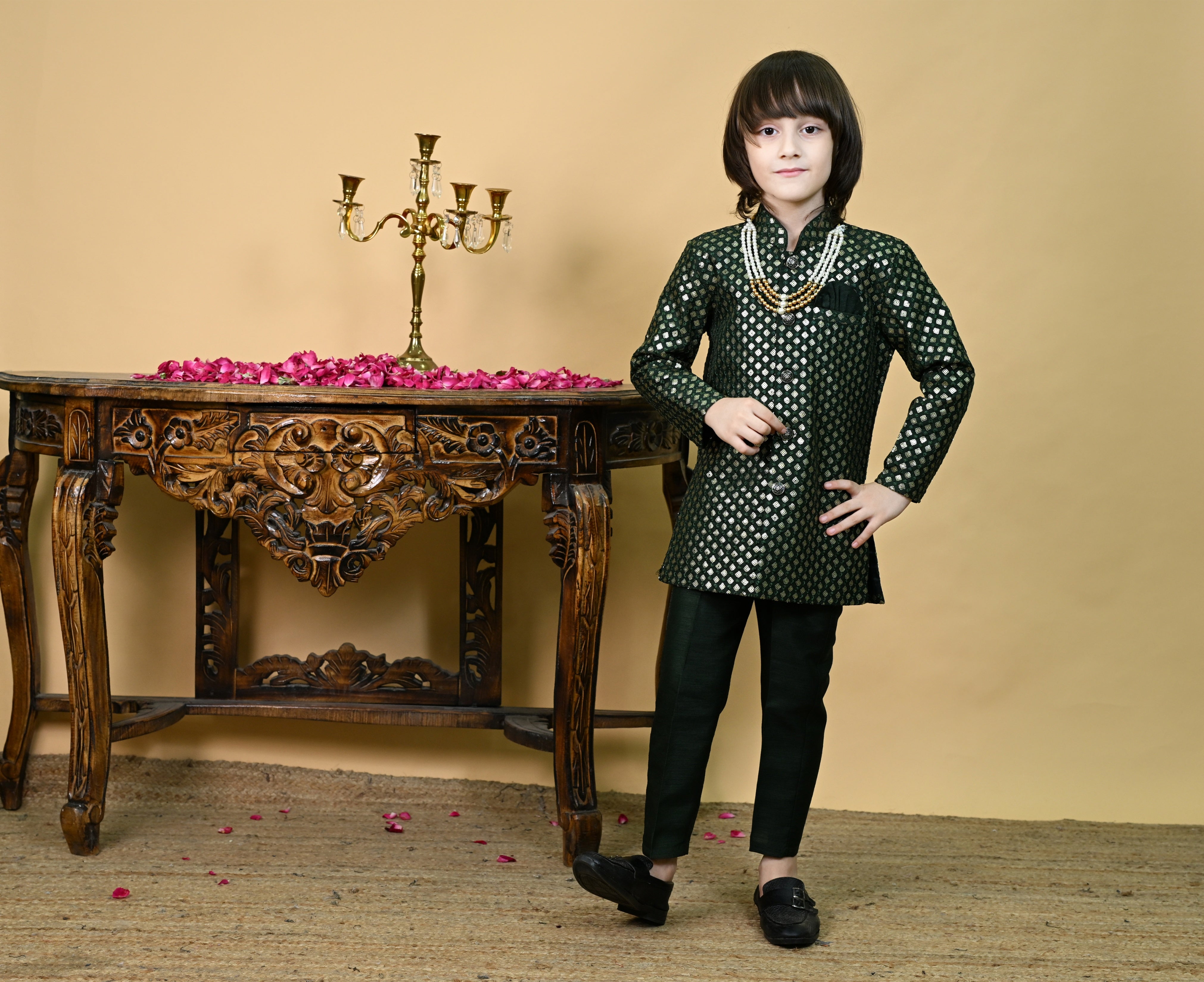 Ahhaaaa Boys' Woven Brocade Jodhpuri Bandhgala Suit Set with Pearl Mala | Kids Indo-Western Ethnic Festive