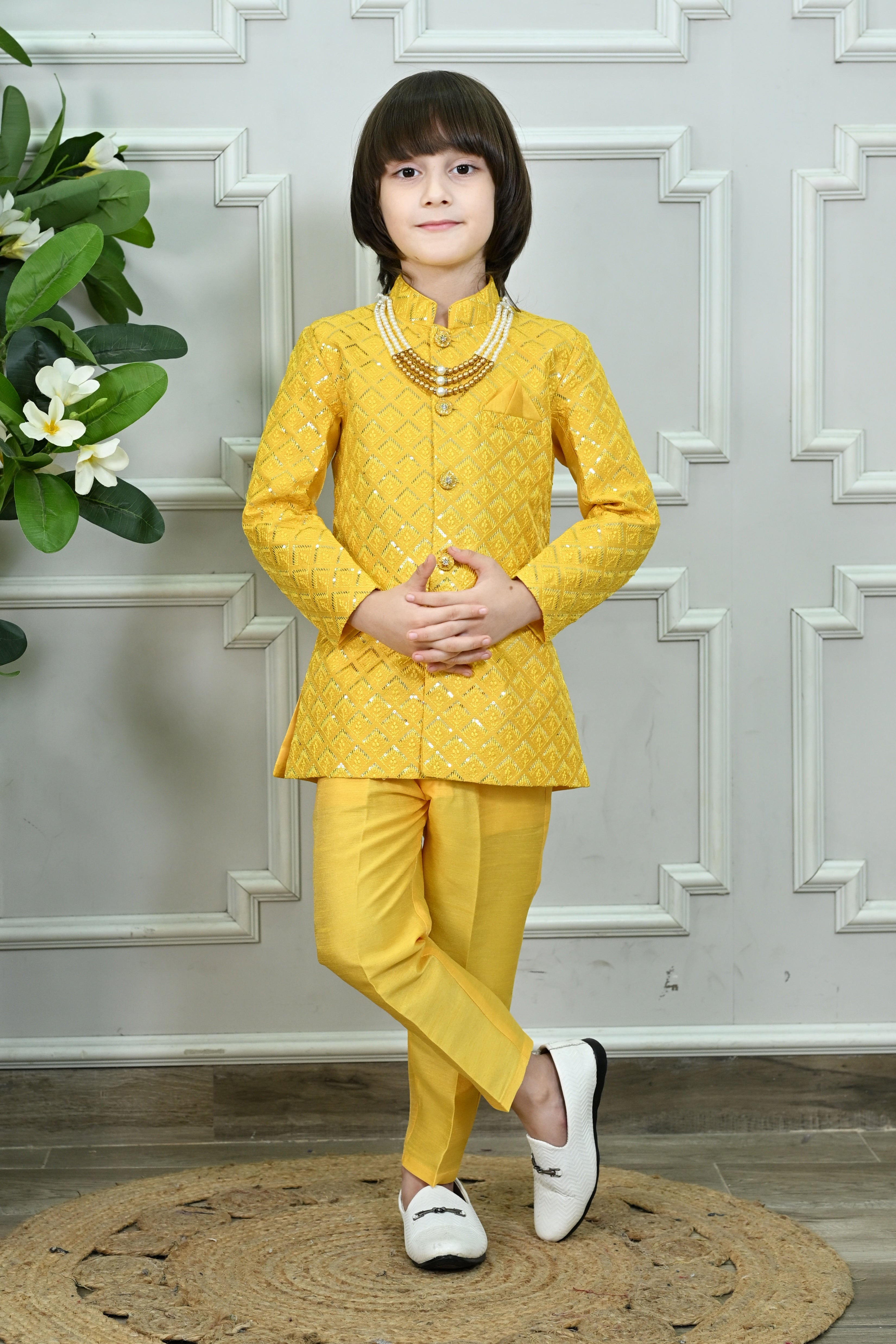 Ahhaaaa Boys' Woven Brocade Jodhpuri Bandhgala Suit Set with Pearl Mala | Kids Indo-Western Ethnic Receptions Dress Yellow