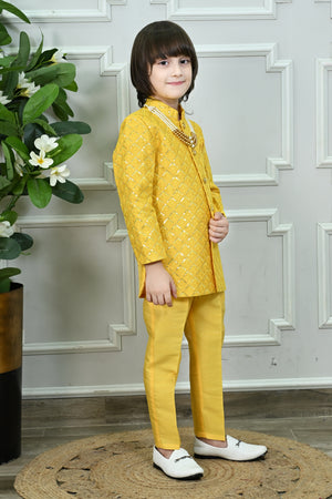 Ahhaaaa Boys' Woven Brocade Jodhpuri Bandhgala Suit Set with Pearl Mala | Kids Indo-Western Ethnic Receptions Dress